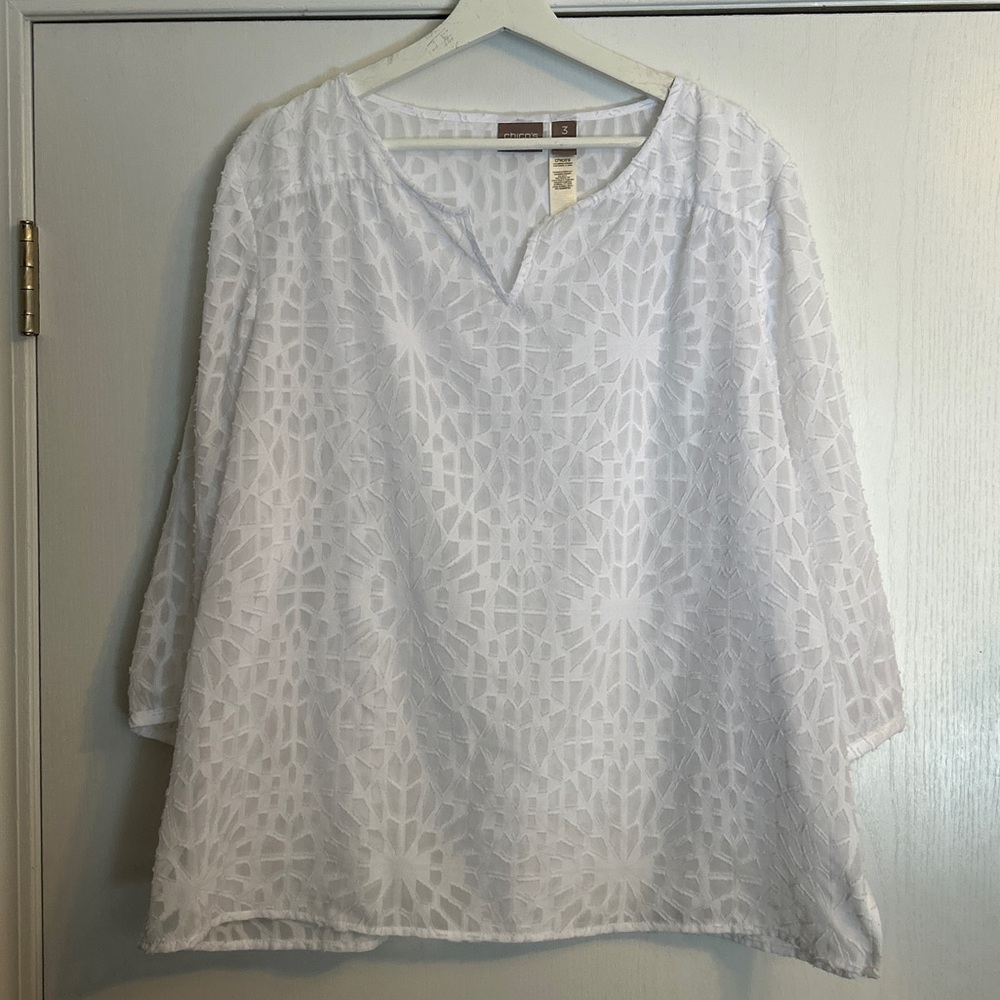 Chico's White Sheer Textured Geometric Pullover Blouse Top Size 3 (16/18 XL)